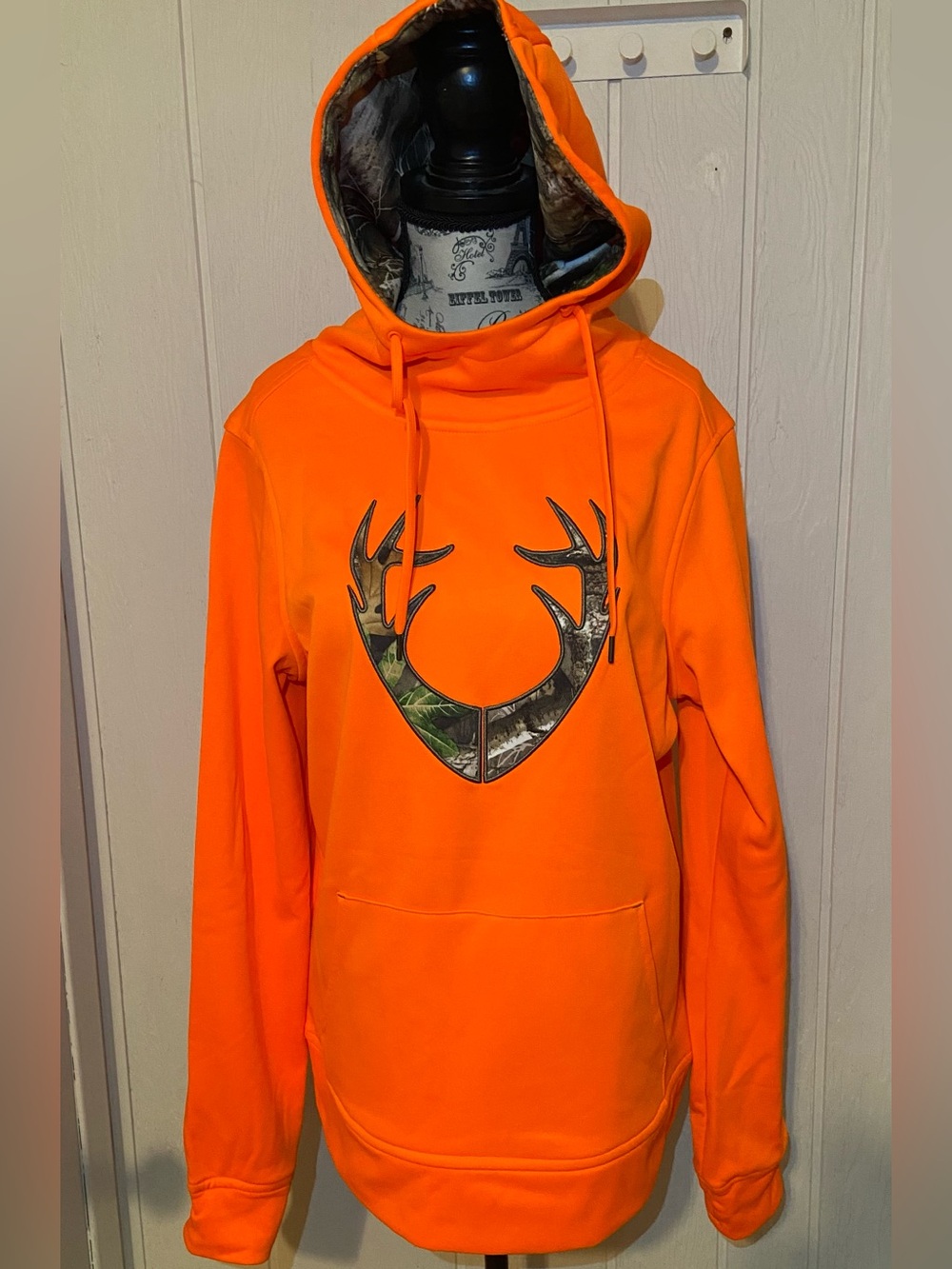 ‘Huntshield’ High-Visibility Orange Hoodie with Camo Antler Graphic. Size small.